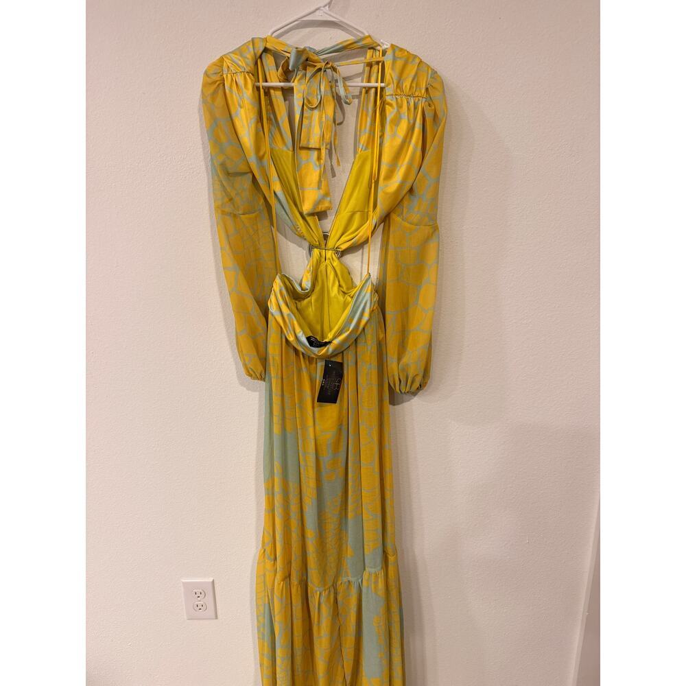 Rhythm Boutique Cutout Plunge Maxi Dress Small Yellow Boho Resort High Slit - Picture 3 of 12